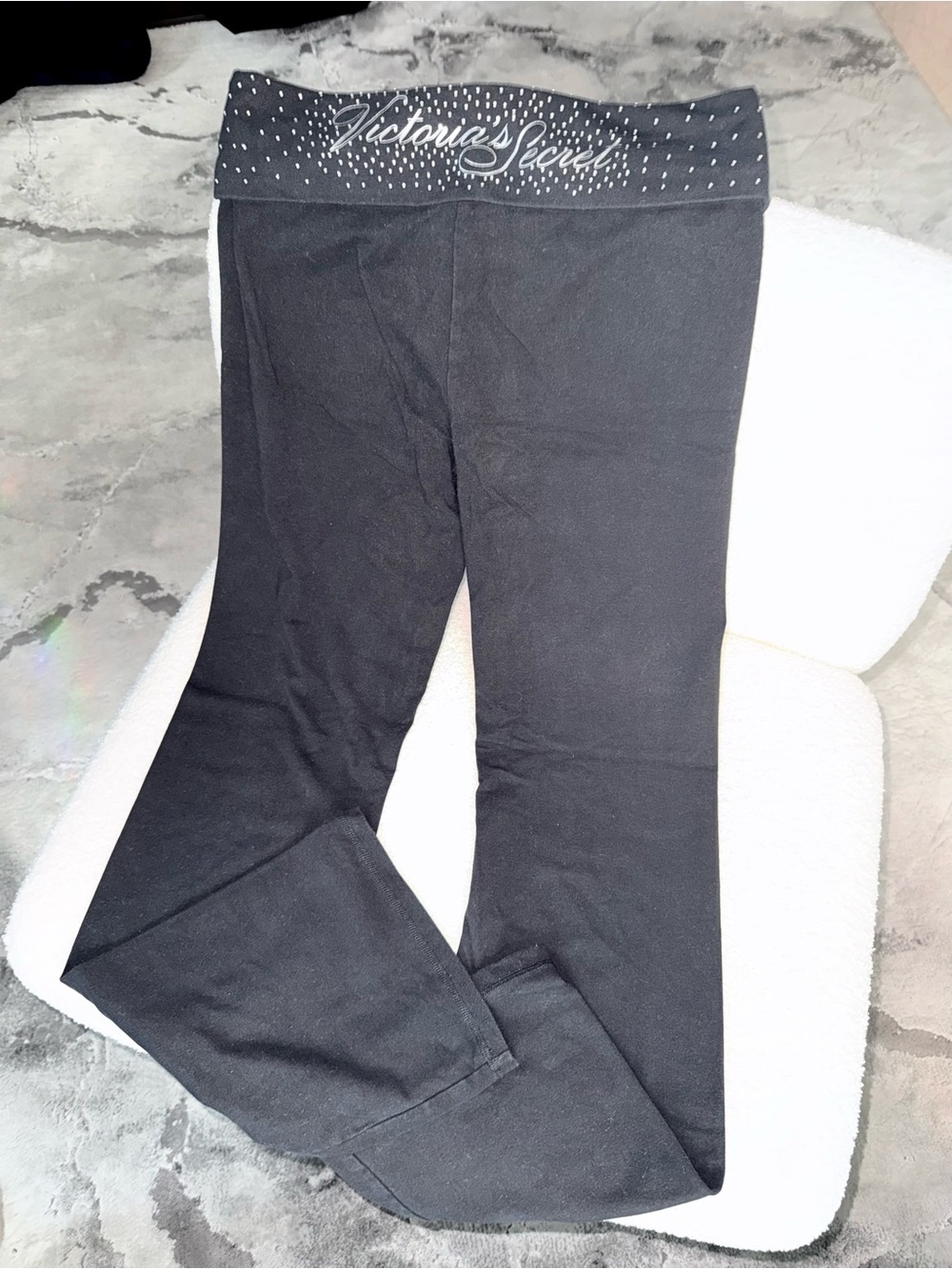 Victoria's Secret black foldover yoga pants bling logo M leggings Y2K Vintage!